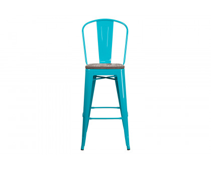 BLNK Cindy Metal Bar Stool with Back and Wood Seat - Crystal Teal/Blue