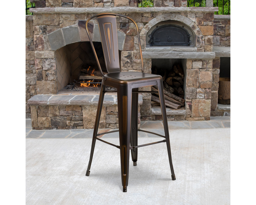 BLNK Cindy Commercial Metal Distressed Indoor-Outdoor Bar Stool with Back - Copper