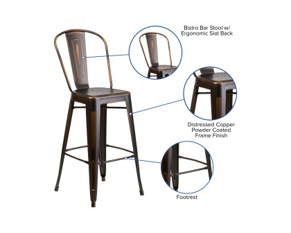 BLNK Cindy Commercial Metal Distressed Indoor-Outdoor Bar Stool with Back - Copper