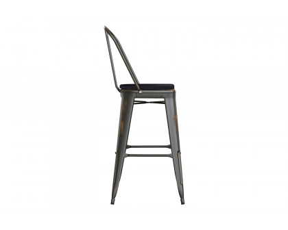 BLNK Carly Commercial Metal Indoor-Outdoor Bar Stool with Back with Poly Resin Wood Seat - Copper/Black