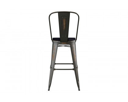 BLNK Carly Commercial Metal Indoor-Outdoor Bar Stool with Back with Poly Resin Wood Seat - Copper/Black