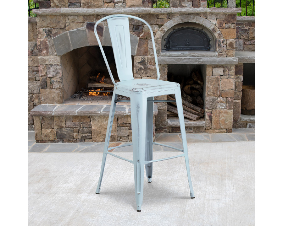 BLNK Cindy Commercial Metal Distressed Indoor-Outdoor Bar Stool with Back - Green/Blue