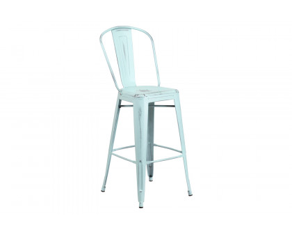 BLNK Cindy Commercial Metal Distressed Indoor-Outdoor Bar Stool with Back - Green/Blue