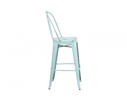 BLNK Cindy Commercial Metal Distressed Indoor-Outdoor Bar Stool with Back - Green/Blue