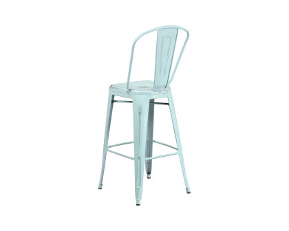 BLNK Cindy Commercial Metal Distressed Indoor-Outdoor Bar Stool with Back - Green/Blue