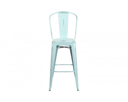 BLNK Cindy Commercial Metal Distressed Indoor-Outdoor Bar Stool with Back - Green/Blue