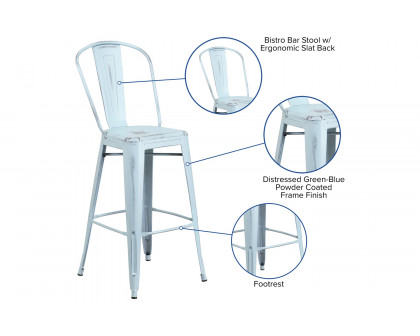 BLNK Cindy Commercial Metal Distressed Indoor-Outdoor Bar Stool with Back - Green/Blue