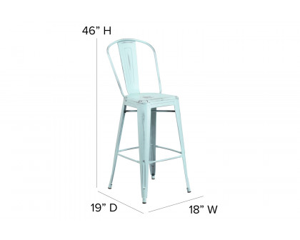 BLNK Cindy Commercial Metal Distressed Indoor-Outdoor Bar Stool with Back - Green/Blue