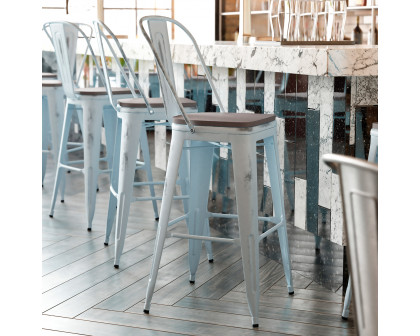 BLNK Carly Commercial Metal Indoor-Outdoor Bar Stool with Back with Poly Resin Wood Seat