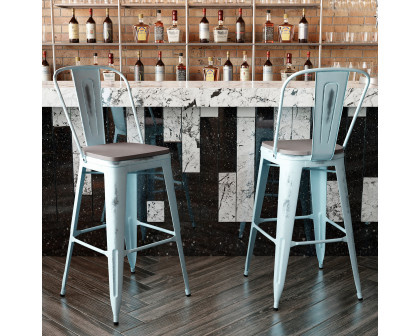 BLNK Carly Commercial Metal Indoor-Outdoor Bar Stool with Back with Poly Resin Wood Seat - Green-Blue/Gray