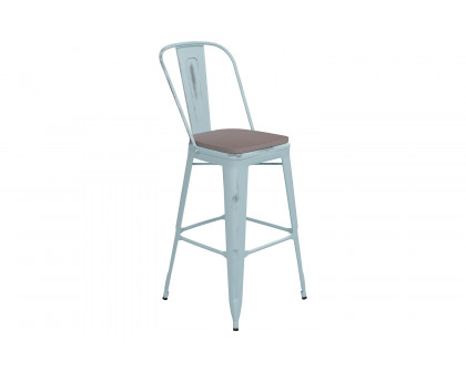 BLNK Carly Commercial Metal Indoor-Outdoor Bar Stool with Back with Poly Resin Wood Seat - Green-Blue/Gray