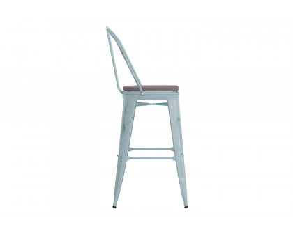 BLNK Carly Commercial Metal Indoor-Outdoor Bar Stool with Back with Poly Resin Wood Seat - Green-Blue/Gray