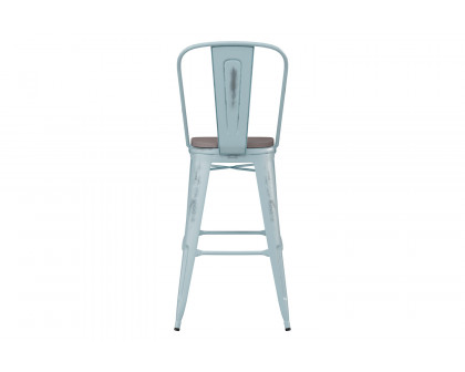 BLNK Carly Commercial Metal Indoor-Outdoor Bar Stool with Back with Poly Resin Wood Seat - Green-Blue/Gray