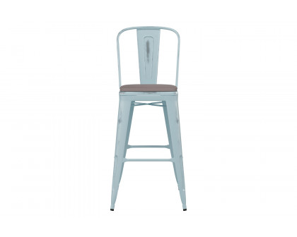 BLNK Carly Commercial Metal Indoor-Outdoor Bar Stool with Back with Poly Resin Wood Seat - Green-Blue/Gray