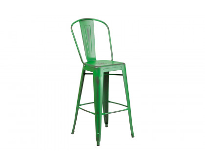 BLNK Cindy Commercial Metal Distressed Indoor-Outdoor Bar Stool with Back - Green