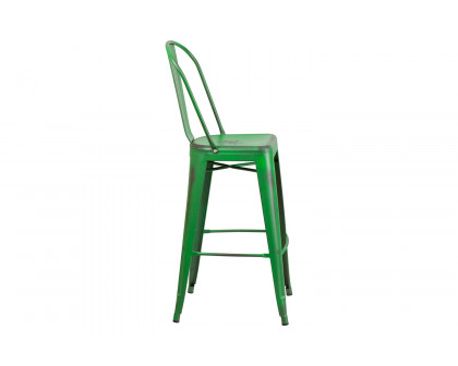 BLNK Cindy Commercial Metal Distressed Indoor-Outdoor Bar Stool with Back - Green