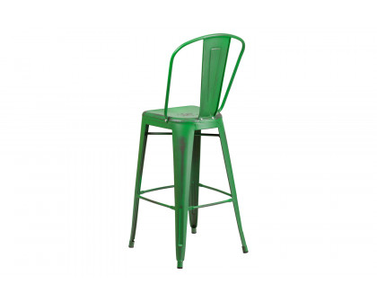 BLNK Cindy Commercial Metal Distressed Indoor-Outdoor Bar Stool with Back - Green