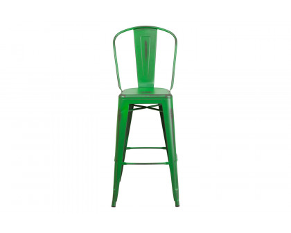 BLNK Cindy Commercial Metal Distressed Indoor-Outdoor Bar Stool with Back - Green