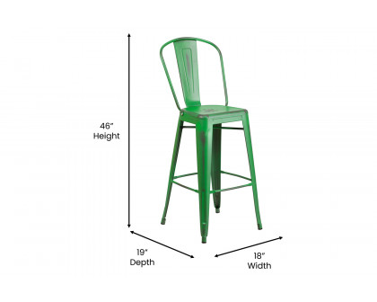 BLNK Cindy Commercial Metal Distressed Indoor-Outdoor Bar Stool with Back - Green