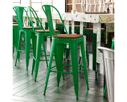 BLNK Carly Commercial Metal Indoor-Outdoor Bar Stool with Back with Poly Resin Wood Seat