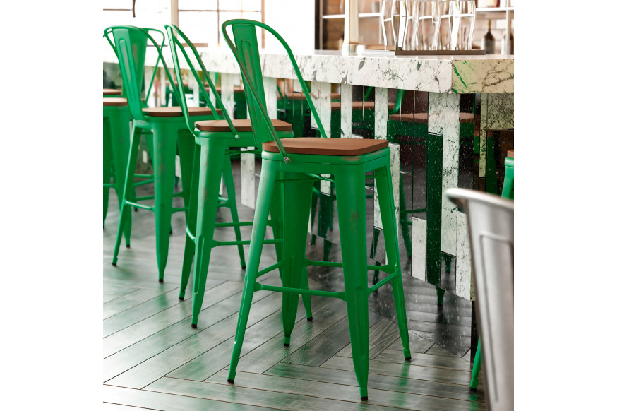 BLNK™ Carly Commercial Metal Indoor-Outdoor Bar Stool with Back with Poly Resin Wood Seat - Green/Teak