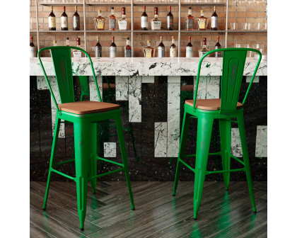 BLNK™ Carly Commercial Metal Indoor-Outdoor Bar Stool with Back with Poly Resin Wood Seat - Green/Teak