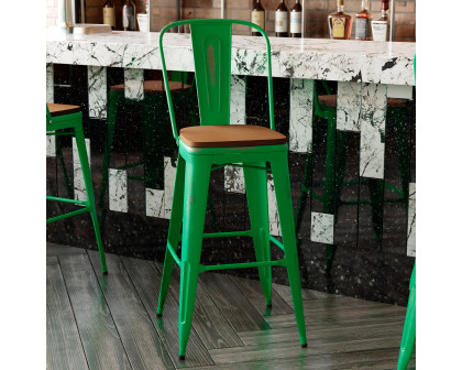 BLNK™ Carly Commercial Metal Indoor-Outdoor Bar Stool with Back with Poly Resin Wood Seat - Green/Teak