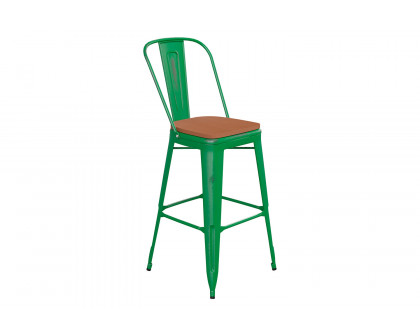 BLNK™ Carly Commercial Metal Indoor-Outdoor Bar Stool with Back with Poly Resin Wood Seat - Green/Teak