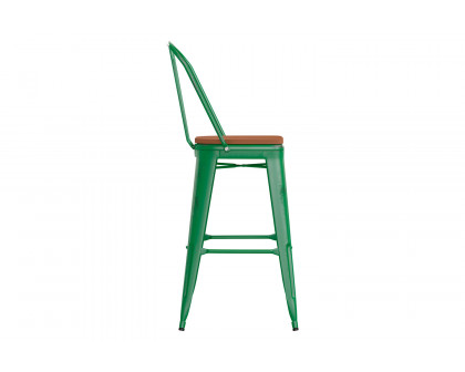 BLNK™ Carly Commercial Metal Indoor-Outdoor Bar Stool with Back with Poly Resin Wood Seat - Green/Teak