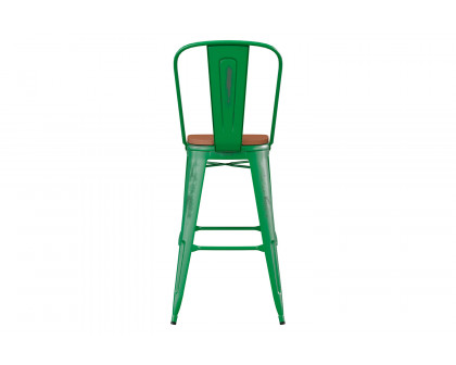 BLNK™ Carly Commercial Metal Indoor-Outdoor Bar Stool with Back with Poly Resin Wood Seat - Green/Teak