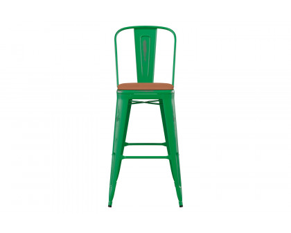 BLNK™ Carly Commercial Metal Indoor-Outdoor Bar Stool with Back with Poly Resin Wood Seat - Green/Teak