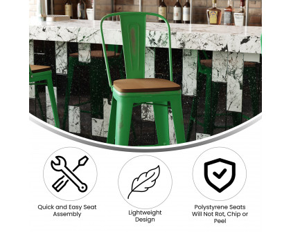 BLNK™ Carly Commercial Metal Indoor-Outdoor Bar Stool with Back with Poly Resin Wood Seat - Green/Teak