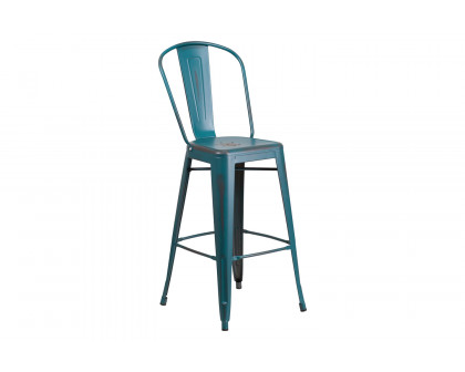 BLNK Cindy Commercial Metal Distressed Indoor-Outdoor Bar Stool with Back - Kelly Blue/Teal