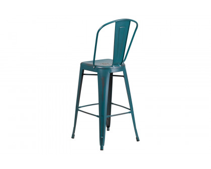 BLNK Cindy Commercial Metal Distressed Indoor-Outdoor Bar Stool with Back - Kelly Blue/Teal