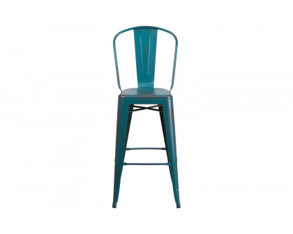 BLNK Cindy Commercial Metal Distressed Indoor-Outdoor Bar Stool with Back - Kelly Blue/Teal