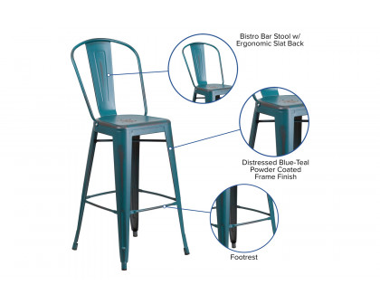 BLNK Cindy Commercial Metal Distressed Indoor-Outdoor Bar Stool with Back - Kelly Blue/Teal