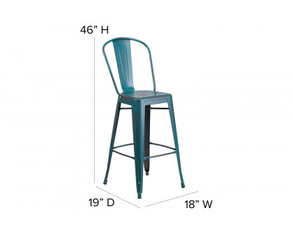 BLNK Cindy Commercial Metal Distressed Indoor-Outdoor Bar Stool with Back - Kelly Blue/Teal