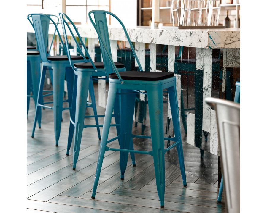 BLNK Carly Commercial Metal Indoor-Outdoor Bar Stool with Back with Poly Resin Wood Seat - Kelly Blue-Teal/Black