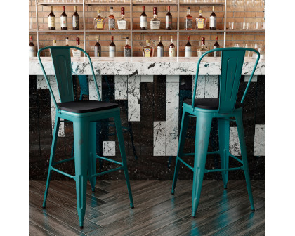 BLNK Carly Commercial Metal Indoor-Outdoor Bar Stool with Back with Poly Resin Wood Seat - Kelly Blue-Teal/Black