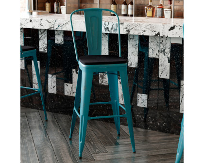 BLNK Carly Commercial Metal Indoor-Outdoor Bar Stool with Back with Poly Resin Wood Seat - Kelly Blue-Teal/Black