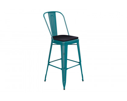 BLNK Carly Commercial Metal Indoor-Outdoor Bar Stool with Back with Poly Resin Wood Seat - Kelly Blue-Teal/Black