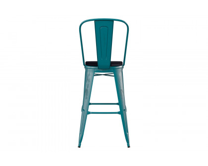 BLNK Carly Commercial Metal Indoor-Outdoor Bar Stool with Back with Poly Resin Wood Seat - Kelly Blue-Teal/Black