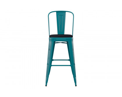 BLNK Carly Commercial Metal Indoor-Outdoor Bar Stool with Back with Poly Resin Wood Seat - Kelly Blue-Teal/Black