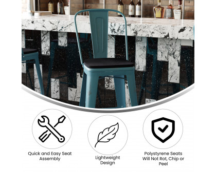 BLNK Carly Commercial Metal Indoor-Outdoor Bar Stool with Back with Poly Resin Wood Seat - Kelly Blue-Teal/Black