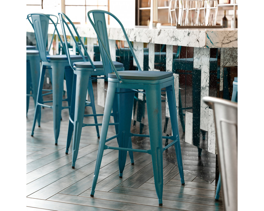 BLNK Carly Commercial Metal Indoor-Outdoor Bar Stool with Back with Poly Resin Wood Seat - Kelly Blue-Teal/Teal Blue