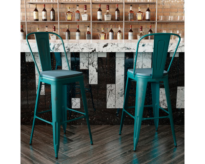 BLNK Carly Commercial Metal Indoor-Outdoor Bar Stool with Back with Poly Resin Wood Seat - Kelly Blue-Teal/Teal Blue