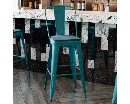 BLNK Carly Commercial Metal Indoor-Outdoor Bar Stool with Back with Poly Resin Wood Seat - Kelly Blue-Teal/Teal Blue