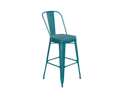 BLNK Carly Commercial Metal Indoor-Outdoor Bar Stool with Back with Poly Resin Wood Seat - Kelly Blue-Teal/Teal Blue