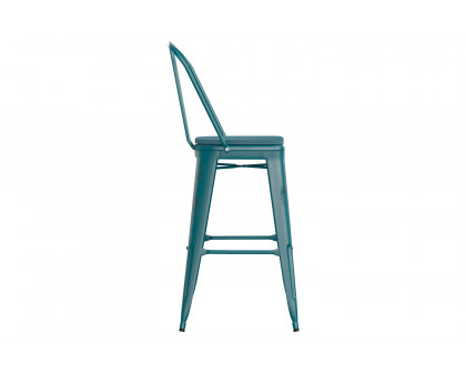 BLNK Carly Commercial Metal Indoor-Outdoor Bar Stool with Back with Poly Resin Wood Seat - Kelly Blue-Teal/Teal Blue