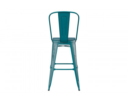 BLNK Carly Commercial Metal Indoor-Outdoor Bar Stool with Back with Poly Resin Wood Seat - Kelly Blue-Teal/Teal Blue